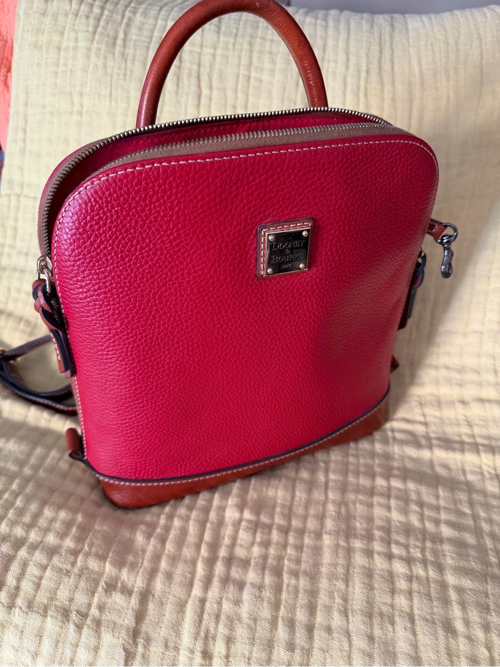 Dooney & Bourke Red Leather Pebbled Backpack with Brown Trim